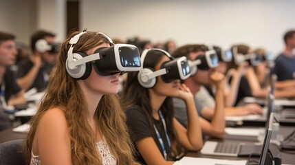 Medical students using VR headsets in a classroom setting, learning complex procedures through immersive simulation with empty space for text