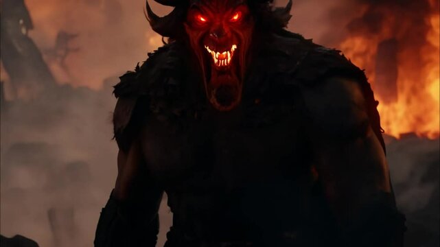 Ferocious Demon with Glowing Red Eyes and Flames in the Background