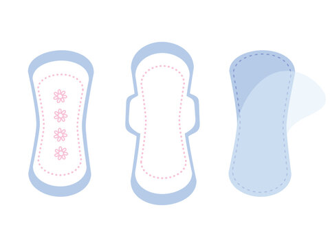 Instruction for use of woman sanitary good for period menstruation. Opened clean scented pad for daily use. Type of pads. Hand drawn vector illustration in flat style. Feminine hygiene equipment