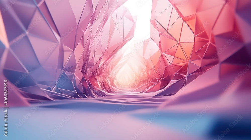 Poster abstract geometric landscape with a pathway through polygonal formations.