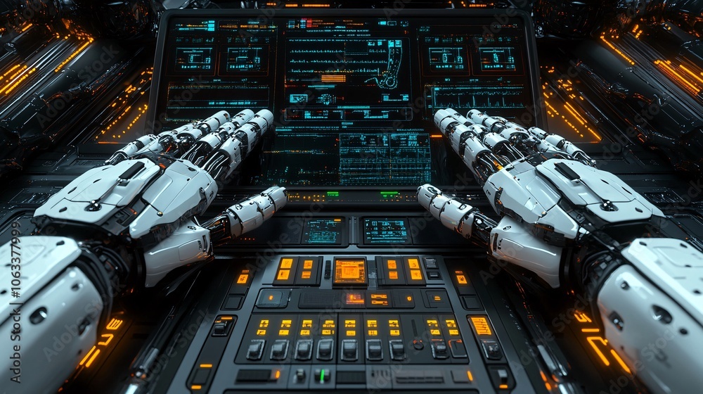 Aufkleber Surgeon operating robotic arms with a control panel, showing how precision technology aids complex surgeries with empty space for text