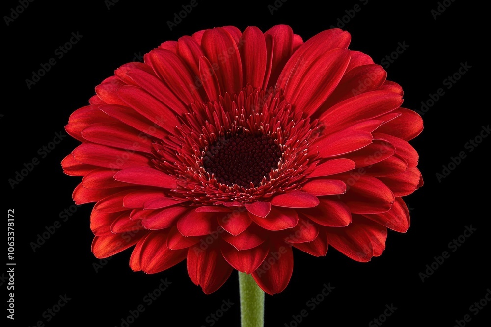 Poster a single red flower on a stem against a dark and sleek black background, great for use in designs wh