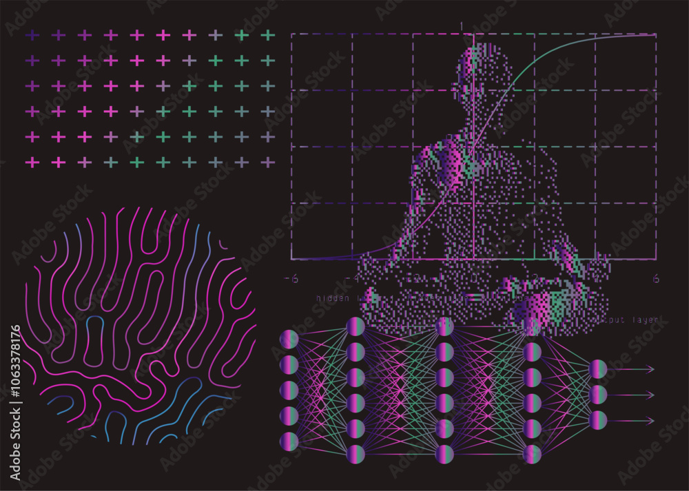 Aufkleber Conceptual vector illustration combining a diagram of a neural network with multiple layers and pixelated figure in a meditative pose  symbolizing the integration of technology and mindfulness.