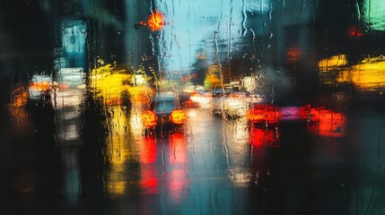 Fototapeta premium Abstract reflections in a rain-soaked city street, blurred lights from passing cars.