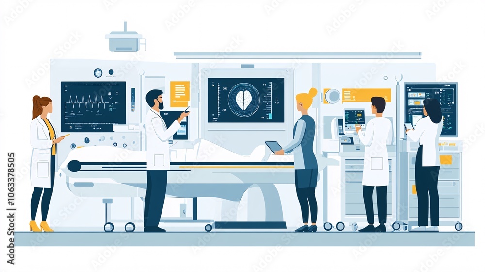 Poster Medical team analyzing patient metrics in a smart hospital room, where AI and IoT devices aid real-time monitoring with empty space for text
