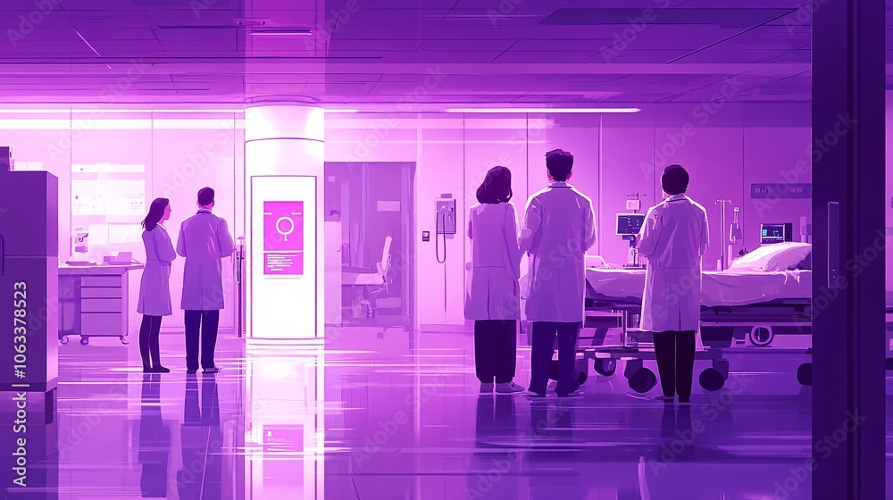 Poster Medical team analyzing patient metrics in a smart hospital room, where AI and IoT devices aid real-time monitoring with empty space for text