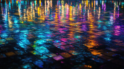 Colorful reflections background on wet city pavement with vibrant neon lights at night