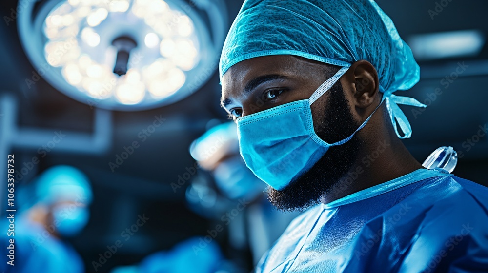 Poster Specialist using augmented reality to guide a remote medical team during a complex procedure, showcasing remote collaboration tools with empty space for text