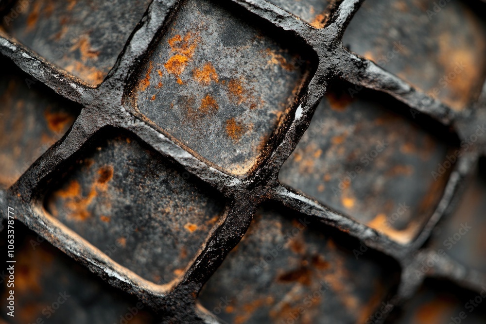 Poster a close-up shot of a rusty metal grid with intricate details, suitable for use in industrial or mech