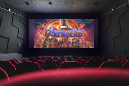 Avengers movie on the screen in the cinema