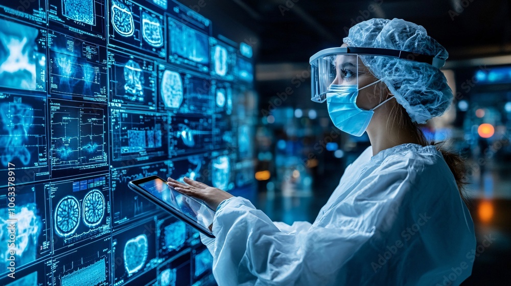 Poster Healthcare worker using a tablet with biometric security for accessing patient files, emphasizing data privacy in tech-forward healthcare with empty space for text