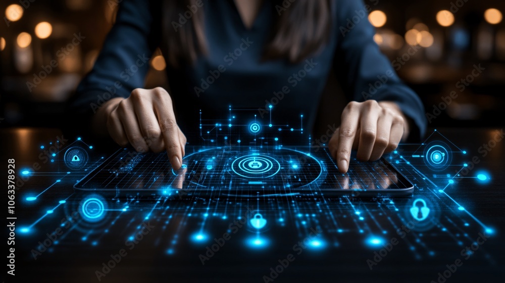 Poster Healthcare worker using a tablet with biometric security for accessing patient files, emphasizing data privacy in tech-forward healthcare with empty space for text