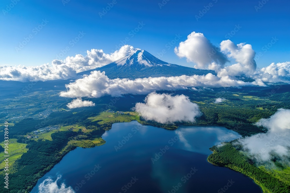 Poster a serene mountain scene featuring a tranquil lake in the foreground, perfect for use in nature-inspi