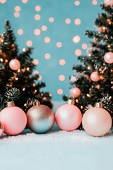 Fototapeta premium Festive scene with Christmas trees, ornaments, and soft lighting.