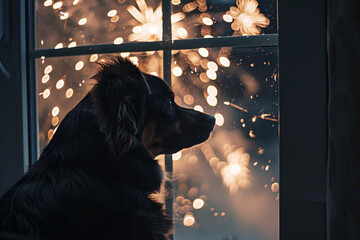 Black dog looking out of window at fireworks in night sky