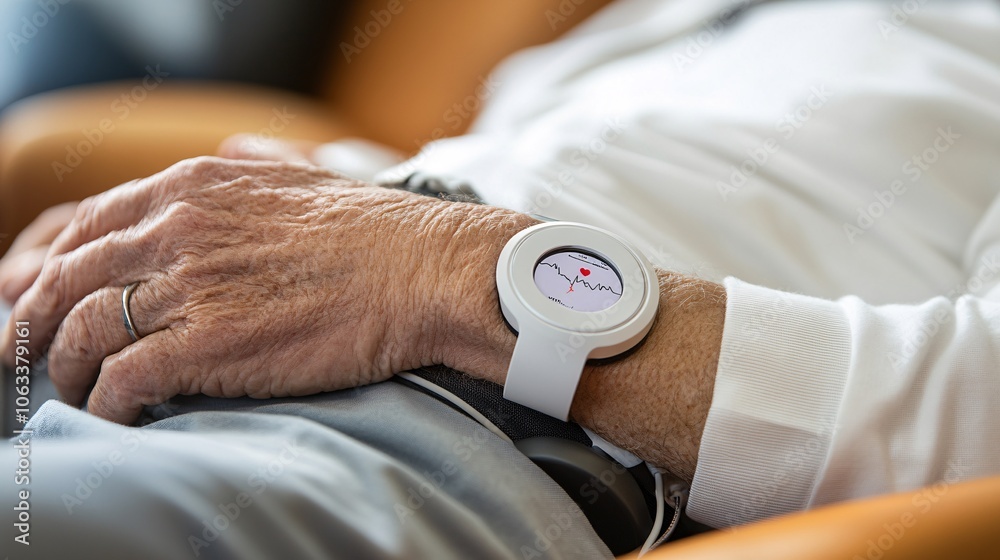 Poster Patient scanning a wearable ECG monitor to record heart metrics, demonstrating remote patient monitoring technology with empty space for text