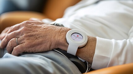 Patient scanning a wearable ECG monitor to record heart metrics, demonstrating remote patient monitoring technology with empty space for text