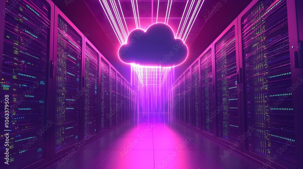 Poster glowing cloud of data flowing over servers in real time computing concept