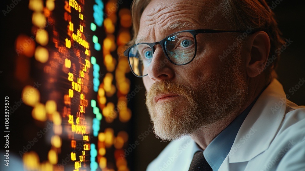 Poster doctor examining a virtual screen displaying genetic data analysis, showing advancements in personal