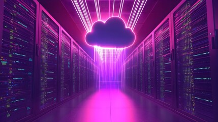 Glowing Cloud of Data Flowing Over Servers in Real Time Computing Concept