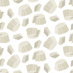 A pattern of ricotta cheese in a flat shape. In the form of a whole, incised and triangular piece. The texture of a dairy product, light cheese, highlighted on a white background. Pressed product