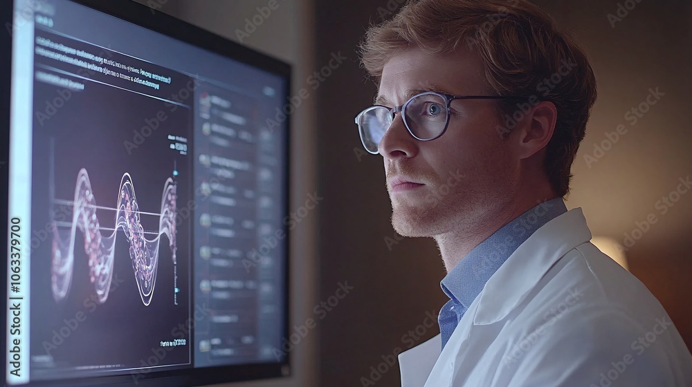 Poster doctor examining a virtual screen displaying genetic data analysis, showing advancements in personal