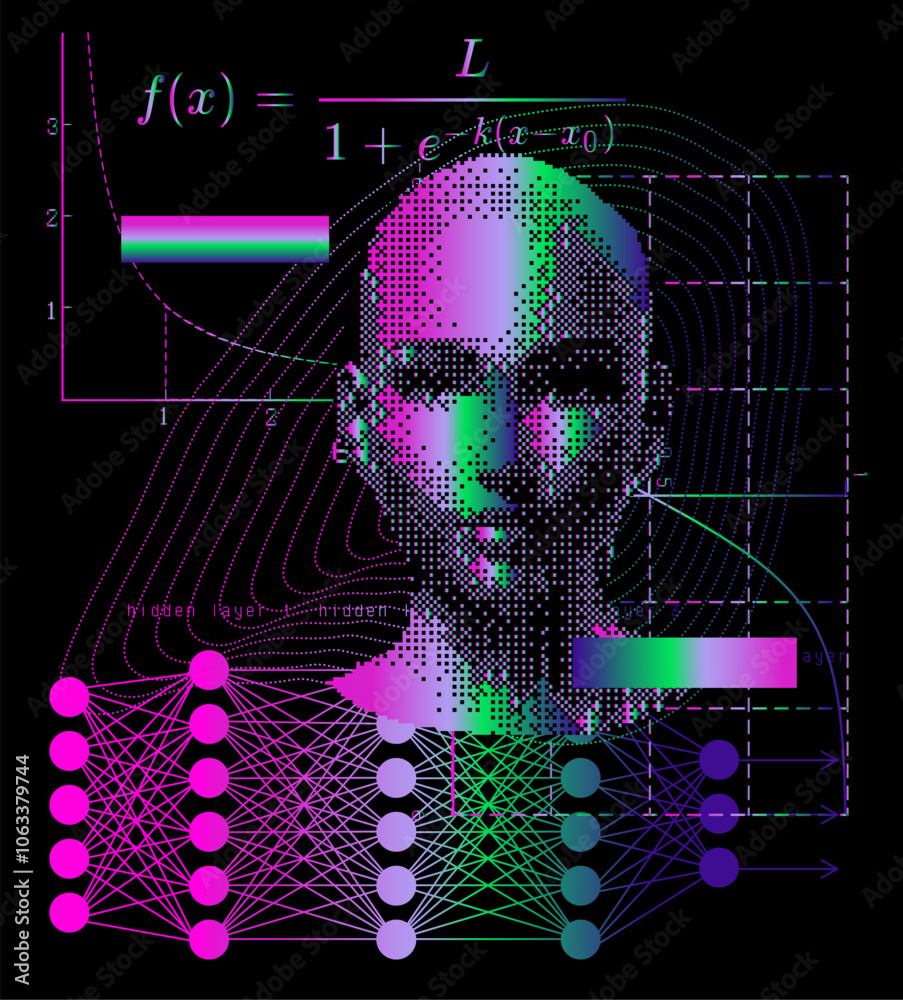 Aufkleber Stylized vector illustration depicting the concept of neural networks and AI, featuring a pixelated human-like face, neural network layers and mathematical equations.