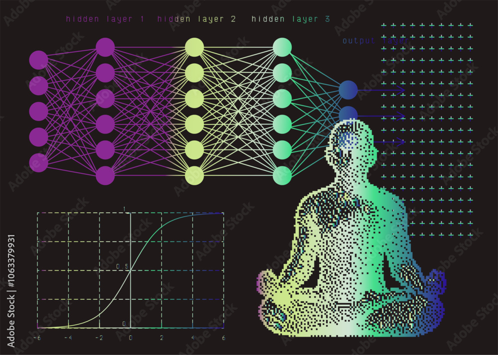Poster Conceptual vector illustration combining a diagram of a neural network with multiple layers connected by nodes and pixelated figure in a meditative pose.