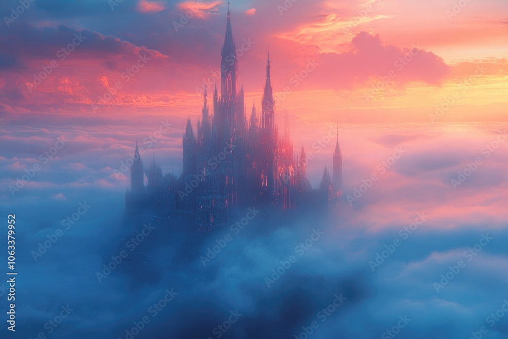 Poster cloudy landscape with a medieval-style castle in the center, surrounded by white clouds