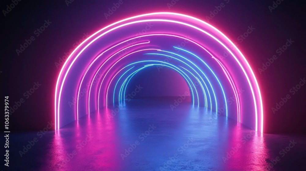 Poster a vibrant neon-lit tunnel with arches reflecting on a smooth surface.