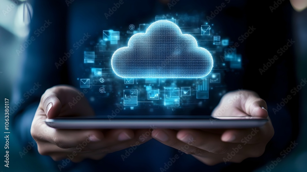 Wall mural businessperson accessing company data through glowing cloud icon on tablet representing cloud comput