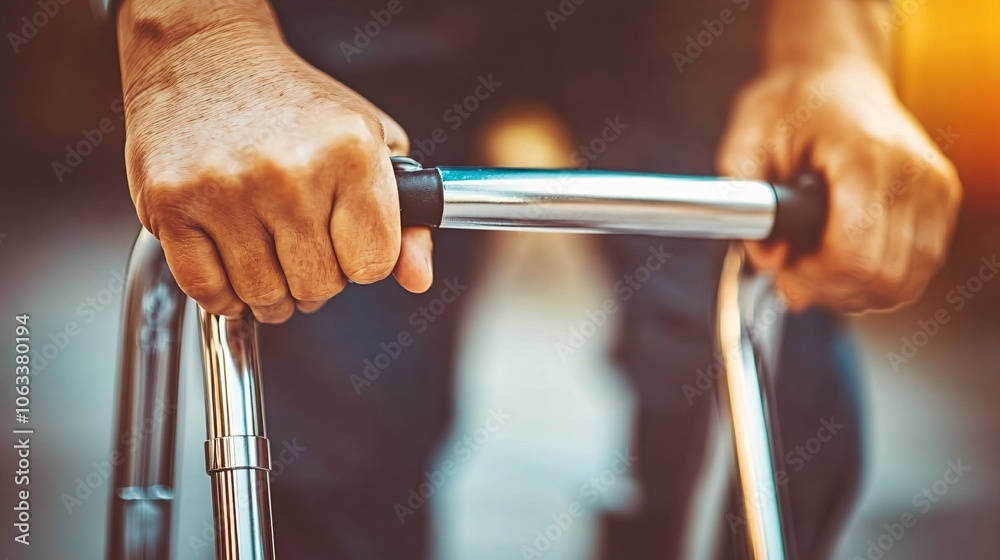 Poster elderly man using a walker with support from a caregiver, receiving encouragement to move confidentl