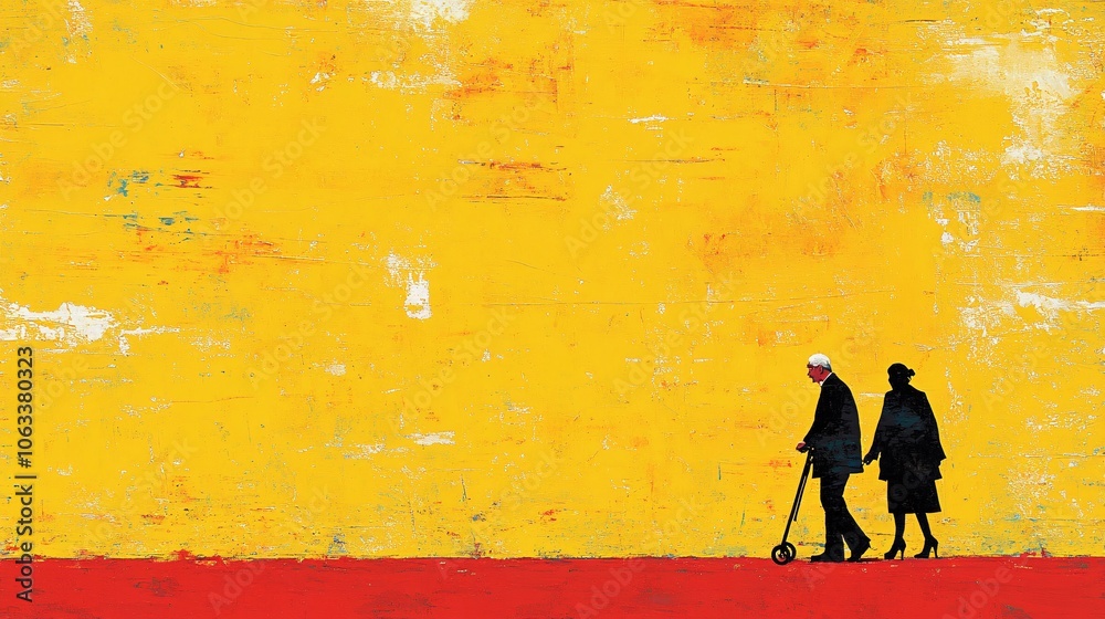 Poster elderly man using a walker with support from a caregiver, receiving encouragement to move confidentl