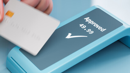 Credit card transaction. A neutral contactless credit card with fake name and number being moved in front of a contactless card reader. Motion blur. 3d render