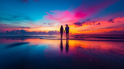 Fototapeta premium Silhouetted Couple in Tranquil Sunset Seascape Symbolizing Eternal Love and Connection