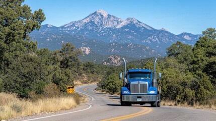 Obraz premium A vivid blue truck gracefully moves along a winding mountain road under the expansive sky, featuring stunning peaks in the distance.