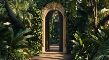 Fototapeta premium An open doorway framed by lush greenery and gold accents,