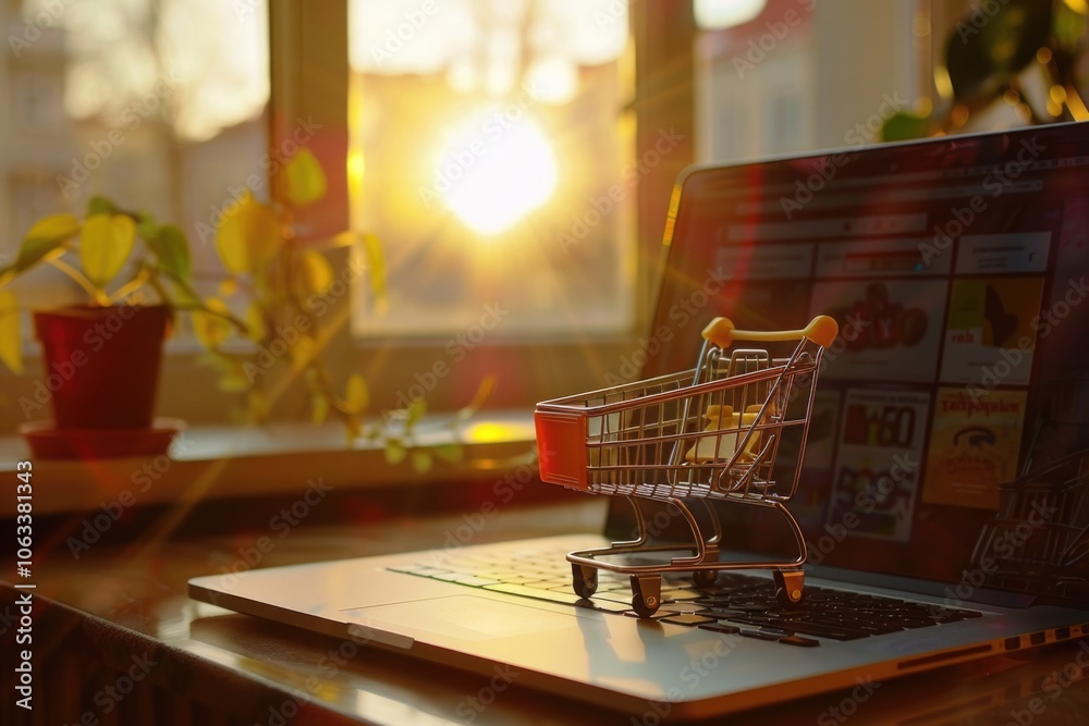 Poster a shopping cart icon is displayed on top of a laptop computer, suggesting e-commerce or online shopp