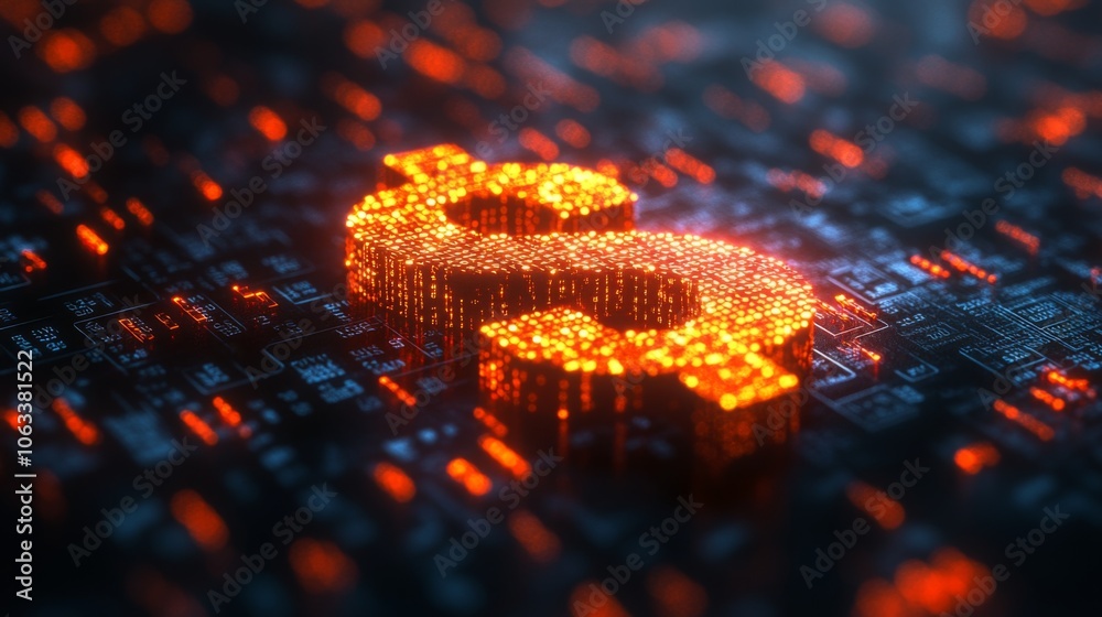 Poster A glowing digital dollar sign is prominently displayed against a backdrop of a virtual circuit board, creating a striking contrast. The scene emphasizes the intersection of technology and finance.