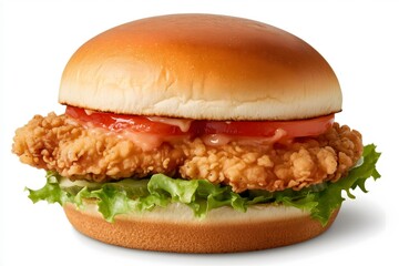 A chicken sandwich on a white background