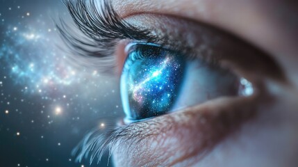 An eye with constellations and auroras visible within, surrounded by a glowing halo of stardust, symbolizing cosmic imagination.