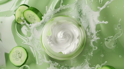 Cucumber-infused moisturizer cream splash in vibrant green background
