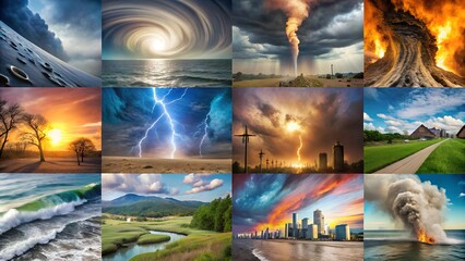 Fototapeta na wymiar Extreme Weather Events Collage PNG - Hurricanes, Tornadoes, and Heatwaves Depicting Climate Change Impact