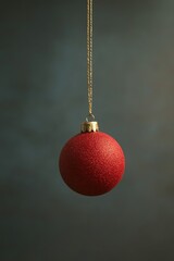 A shiny red ornament suspended from a golden chain