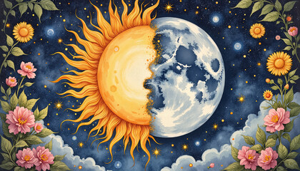 Sun and moon illustration symbolizing Wiccan solstice with floral elements