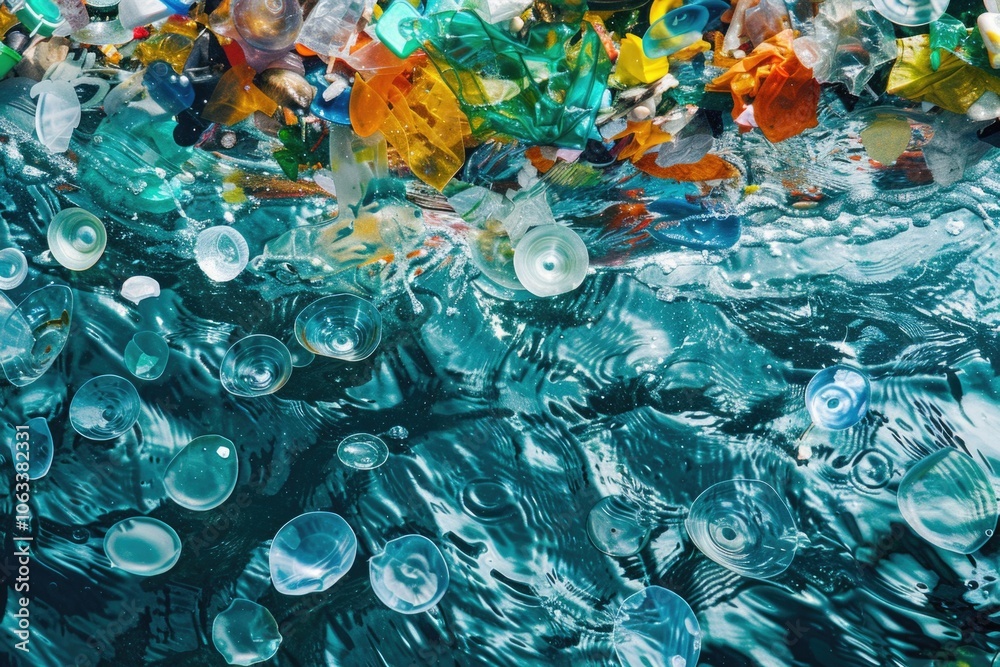 Poster a mass of plastic bottles floating on the surface of the water, highlighting the issue of marine pol