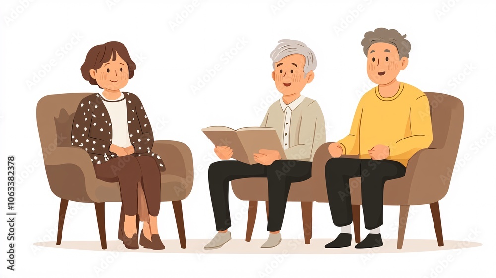 Poster elderly couple with their family caregiver, feeling comfortable and safe in their own space with per
