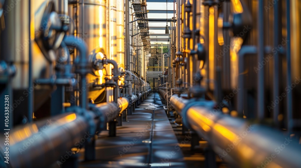 Poster a photo of pipes in a building with a industrial or technical background