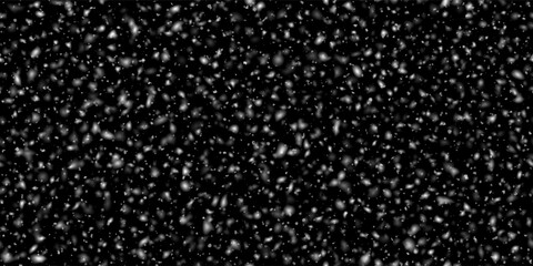 Snowfall from dark night sky as a seamless pattern. Vector illustration with overlay snow flakes and transparent elements. Cold winter
