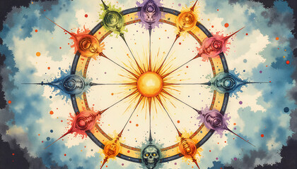 Symbolic wheel of life representing cycles of existence